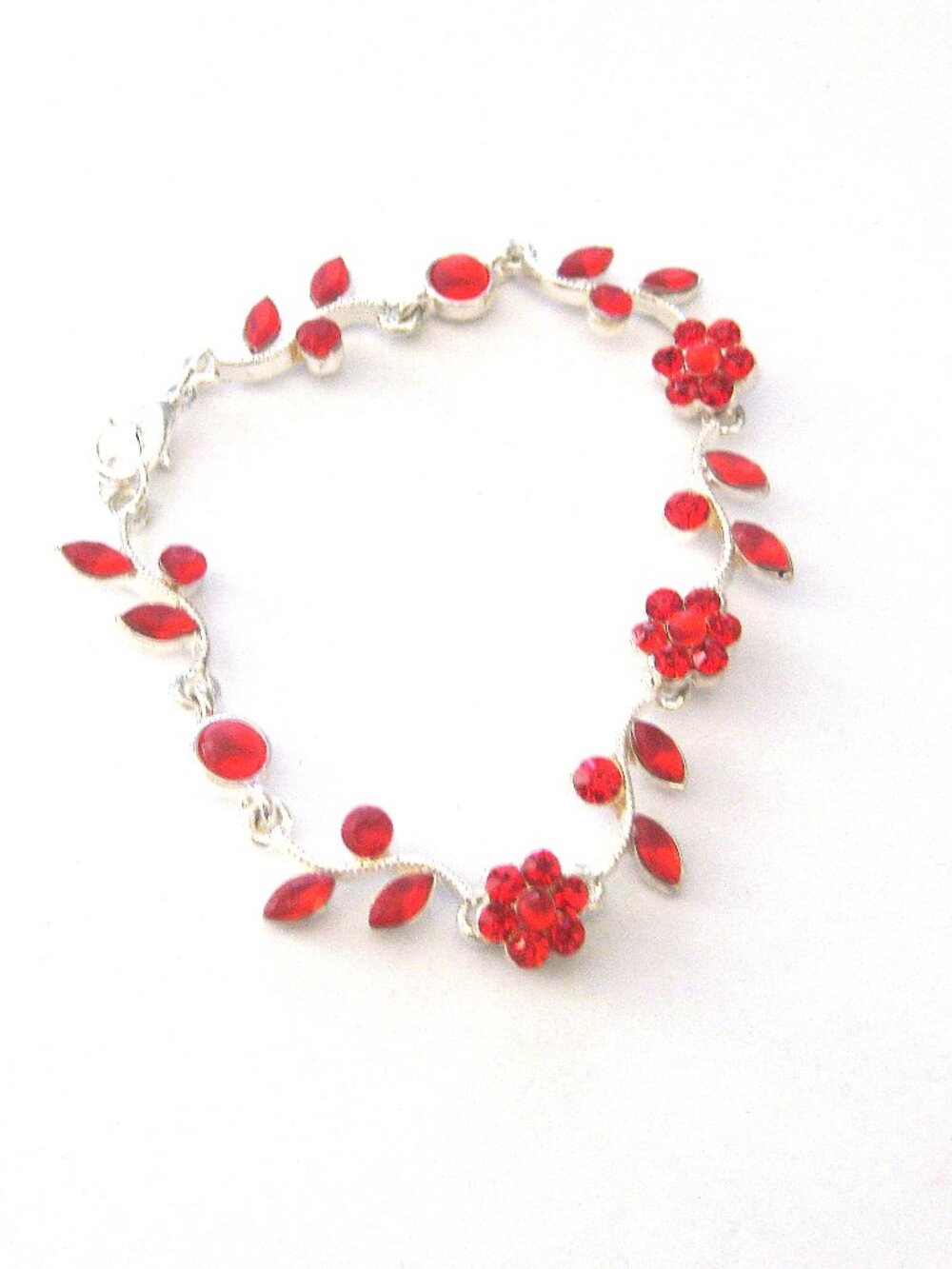 Red Rhinestone Floral Vine Bracelet  7" - New